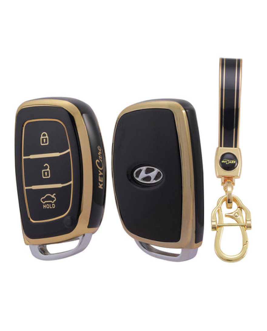 Keycare TPU Key Cover Compatible for: Creta, Grand i10, Xcent, Tucson, Elantra, Elite i20, Active i20, Aura 3 Button Smart Key | Push Button Start Models only | TP07 Gold Black